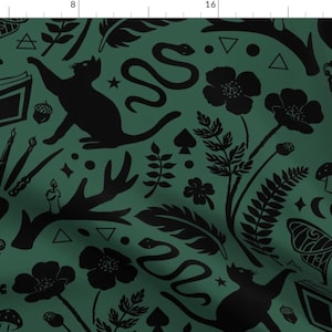 Moody Fabric - Teen Witch Large  by minimiel - Witchy Whimsigoth Black Cat Moth Snake Goth Witch Spooky Fabric by the Yard by Spoonflower