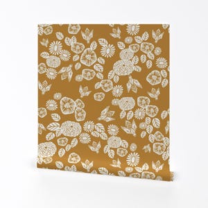 Bee Wallpaper - Bee Garden - Florals Mustard Yellow By Andrea Lauren - Custom Printed Removable Self Adhesive Wallpaper Roll by Spoonflower