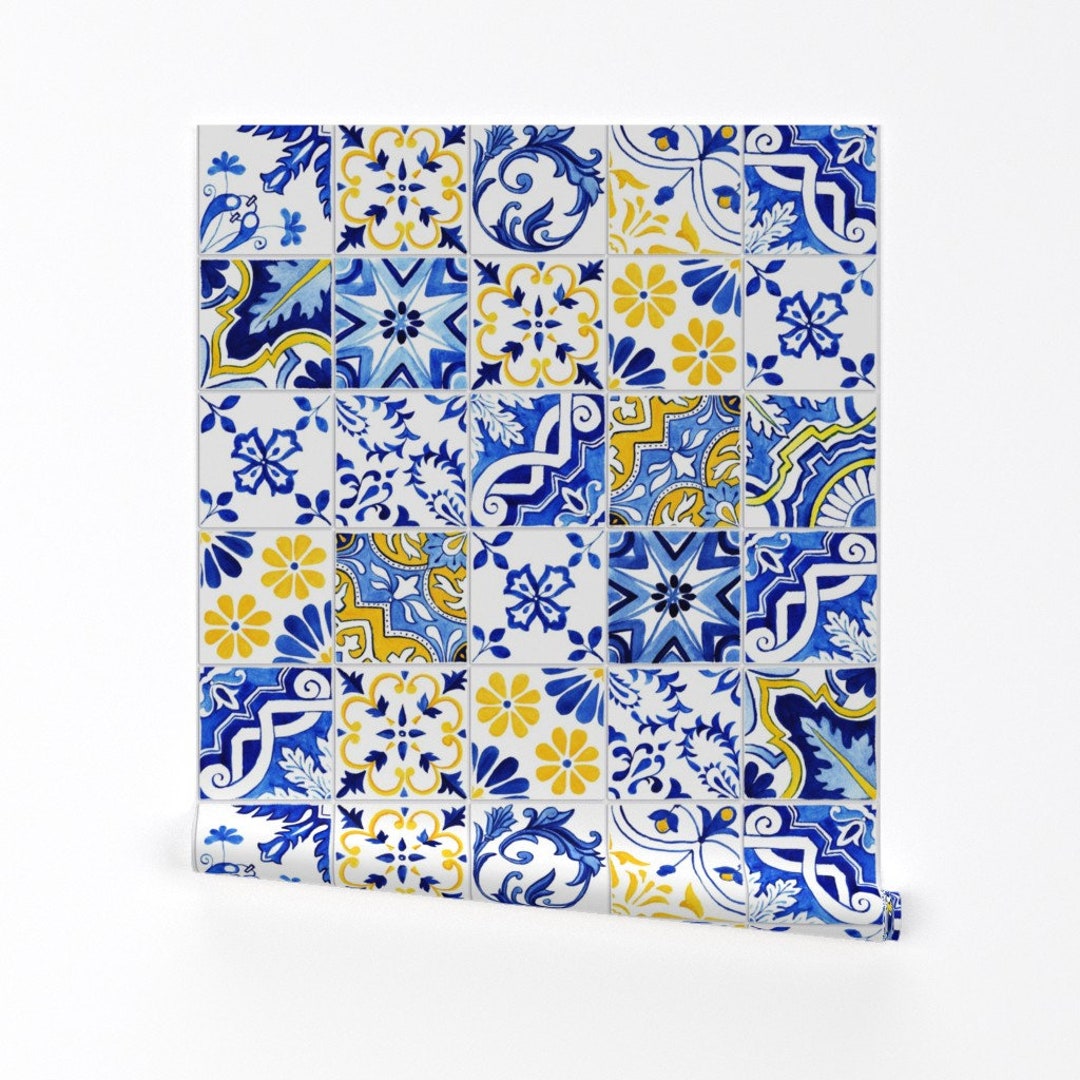 Spanish Tiles Wallpaper Detailed Azulejos by Ilonitta Cobalt Blue