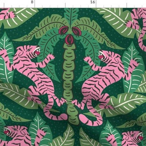 Maximalist Tigers Fabric - Tiger Damask by vivdesign - Animalier Hot Pink Green Hand Drawn Jungle Palms Fabric by the Yard by Spoonflower