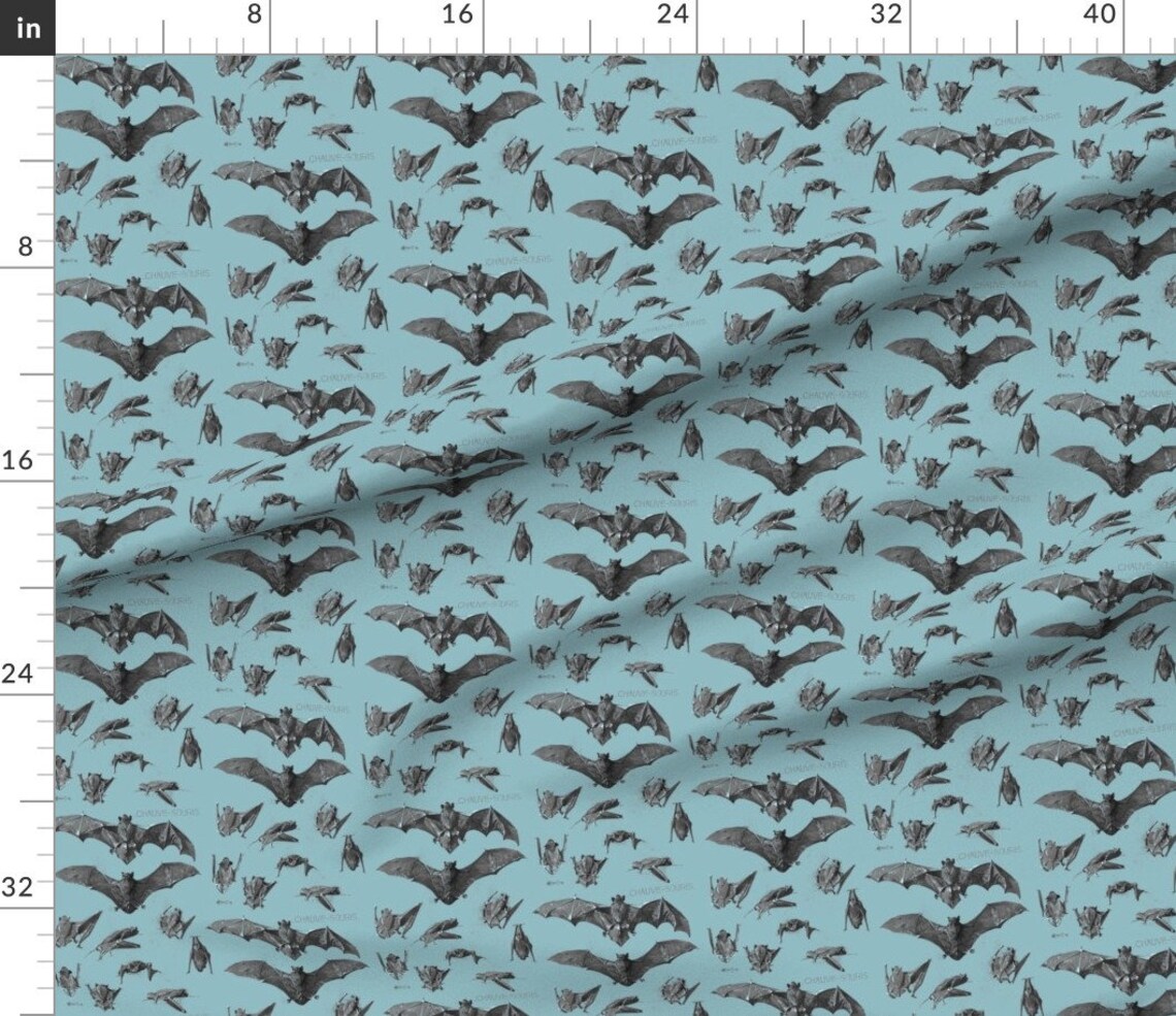 Bat Fabric Illustrated Vintage Bats Blue by Craftyscientists Etsy