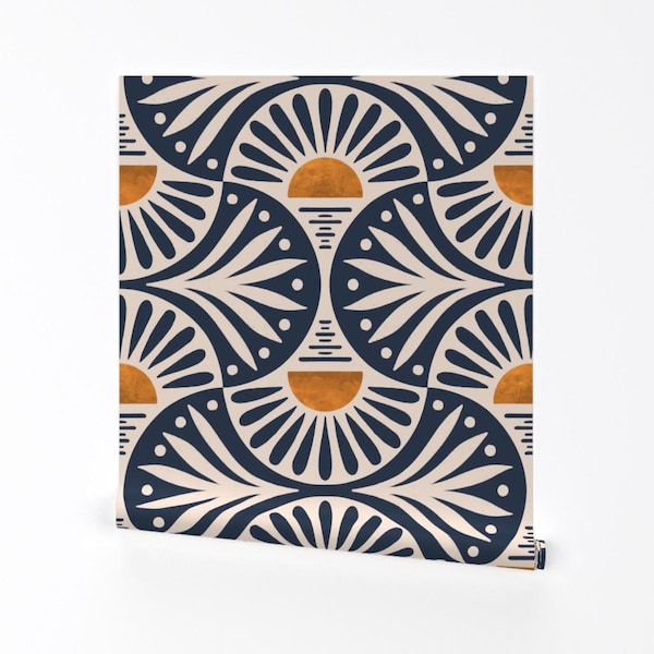 Sunset And Leaves Removable Peel and Stick Wallpaper - Scallops Geometric Yellow Sunrise Sunset - Wall Art Wall Decor - Art Deco by de_koro