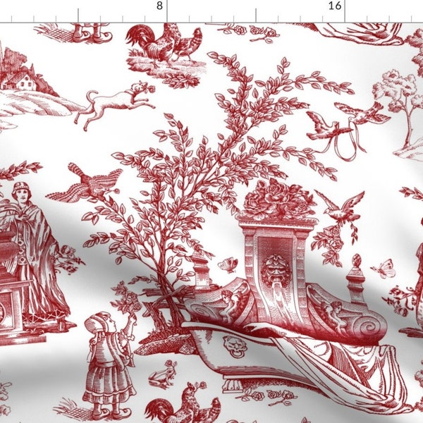 Romantic Victorian Fabric - Whimsical Red Toile by chicca_besso - Red White Vintage Toile Du Jouy  Fabric by the Yard by Spoonflower