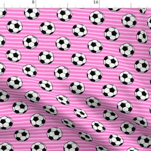 Soccer Fabric - Soccer Balls - Pink Stripes By Littlearrowdesign - Soccer Balls Pink Stripe Black Cotton Fabric By The Yard With Spoonflower