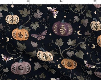Halloween Fabric - Whimsigoth Pumpkin Garden by adenaj - Autumnal Witchy Gothic Black Vines Leaves Spooky Fabric by the Yard by Spoonflower