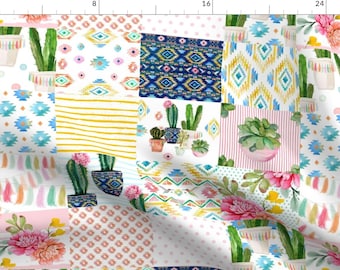 Floral Fabric - 21" Valladolid - Whole Cloth Cheater Quilt By Shopcabin - Floral Boho Cactus Cotton Fabric By The Yard With Spoonflower