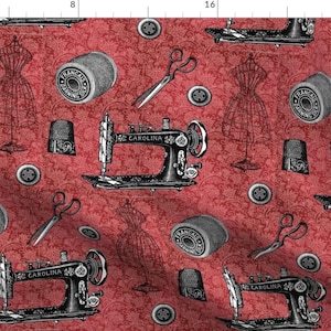 Vintage Sewing Fabric - Vintage Sewing Red Floral By 13moons Design - Vintage Sewing Machine Cotton Fabric By The Yard With Spoonflower