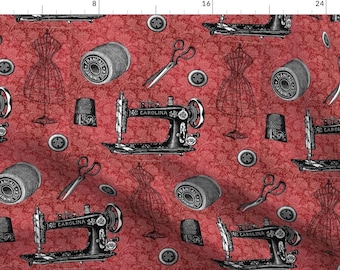 Vintage Sewing Fabric - Vintage Sewing Red Floral By 13moons Design - Vintage Sewing Machine Cotton Fabric By The Yard With Spoonflower