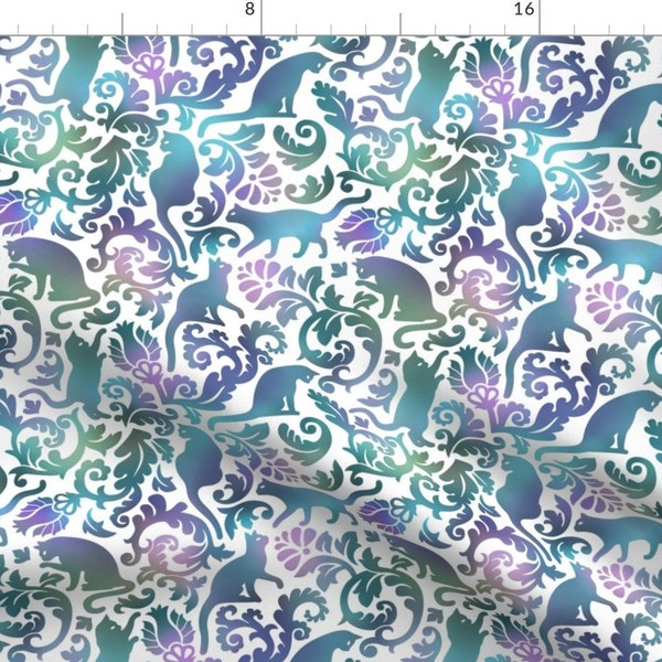 Cool Cat Fabric - Cats In The Garden - Gradient  By Mirabelleprint - Blue Green Purple Cat Damask Cotton Fabric By The Yard With Spoonflower