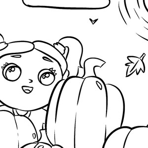 Puede incluir: Un dibujo en blanco y negro de una niña con coletas sonriendo y mirando hacia arriba a una calabaza. La niña está de pie frente a una calabaza grande y una calabaza más pequeña está detrás de ella.