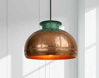 Lámpara colgante de cobre, lámpara de techo con forma de cúpula martillada, lámpara de techo industrial, iluminación de cocina, lámpara de comedor, estilo rústico de granja.