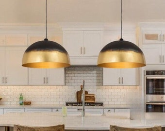 Set of 2 Brass Dome Pendant Lights: Kitchen Island Lighting