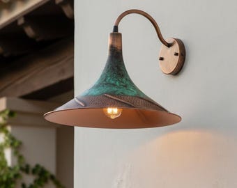 Handmade Rustic Copper Wall Sconce Green Patina – Vintage Outdoor Wall Lamp, Industrial Moroccan Copper Lighting