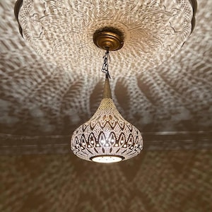 Moroccan Pendant Light, Moroccan Ceiling Fixture, Hanging Brass Lantern, Boho Decor, Unique Light Shade for Home & Kitchen .