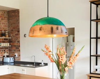Handmade Oxidized Copper Dome Pendant Light: Green Patina Farmhouse Lamp