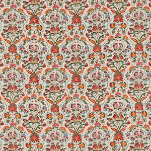 May include: A detailed fabric pattern featuring a repeating floral design in shades of red, orange, green, and blue on a cream background. The pattern has a symmetrical, ornate style, suitable for upholstery or decorative projects.