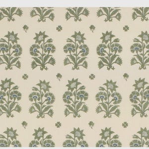 May include: Cream-colored fabric with a repeating pattern of stylized floral bouquets in shades of green and blue. The design features large, star-shaped flowers and smaller, four-petal accents, creating a symmetrical and elegant textile.