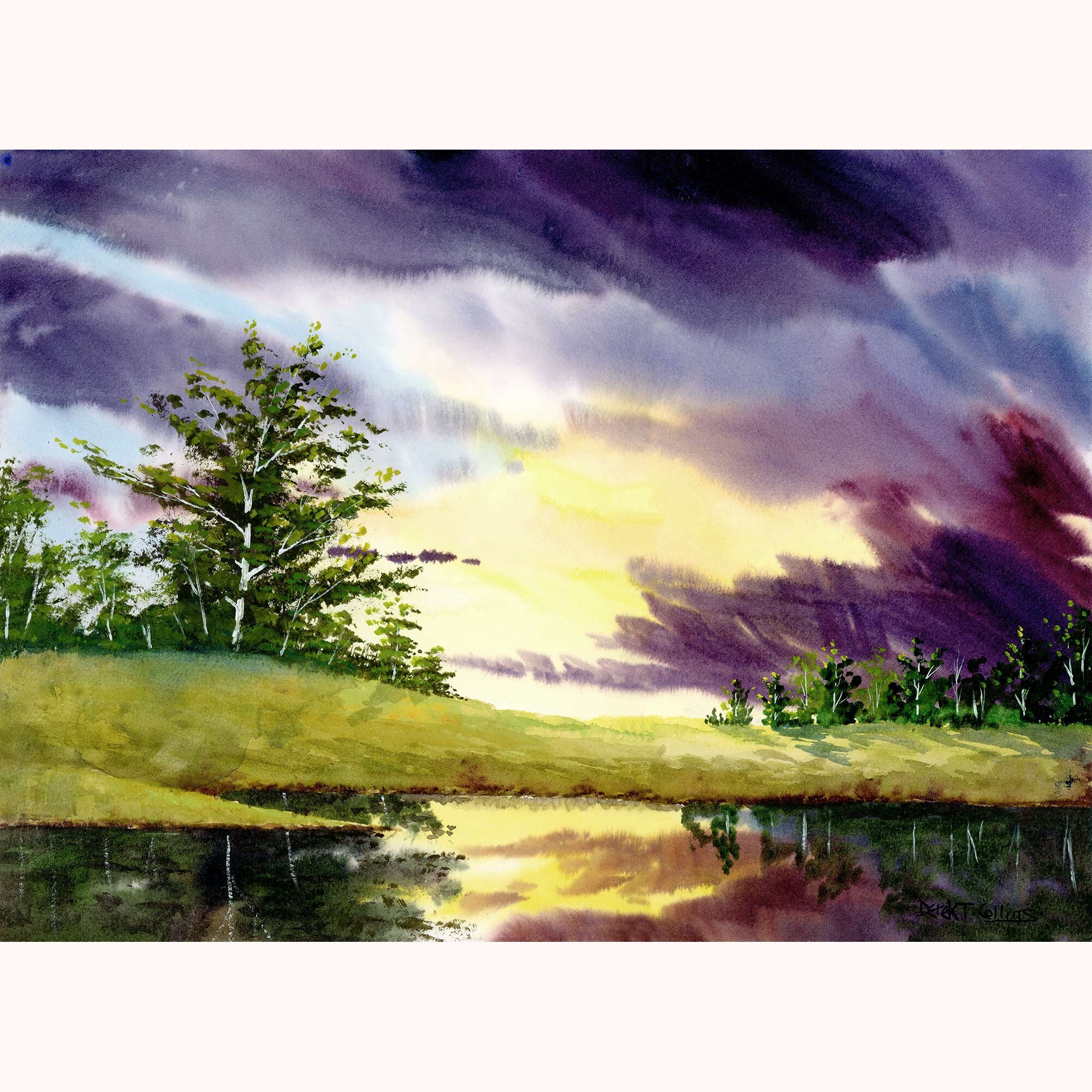 Landscape Painting Watercolor Print Sunset Clouds Lake Water Etsy