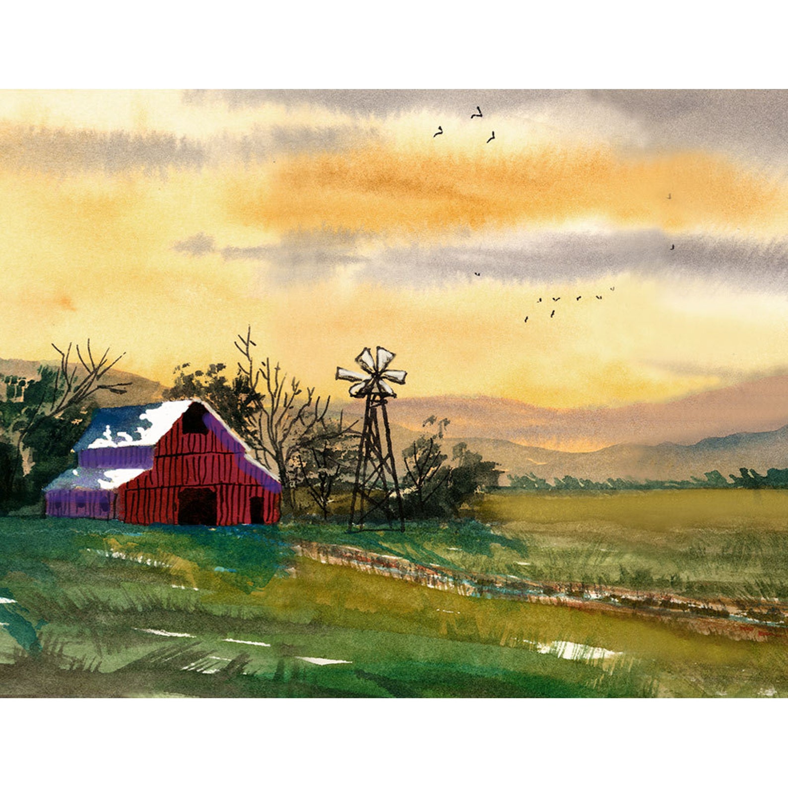 Barn Painting Watercolor landscape Painting Sunset PRINT Etsy
