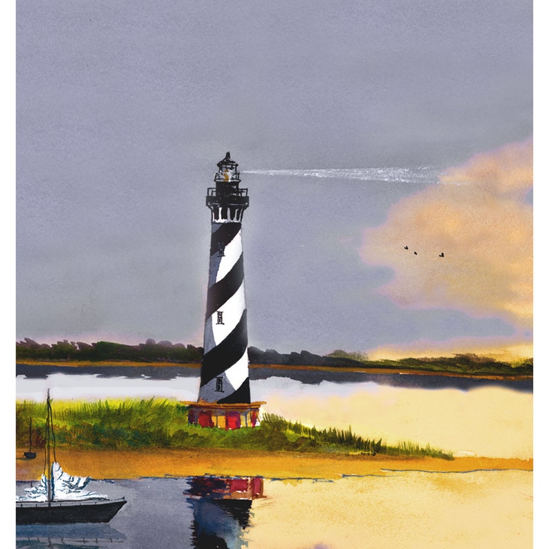 Watercolor Lighthouse painting PRINT Cape Hatterus North Carolina Seascape Sailboats sailboat GICLEE reproduction
