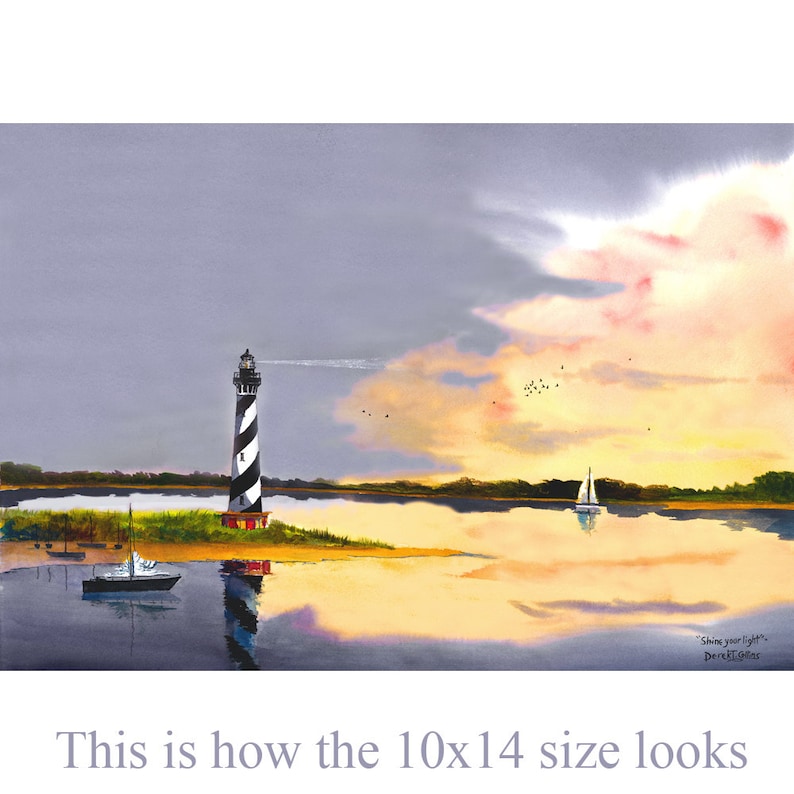 Watercolor Lighthouse painting PRINT Cape Hatterus North Carolina Seascape Sailboats sailboat GICLEE reproduction