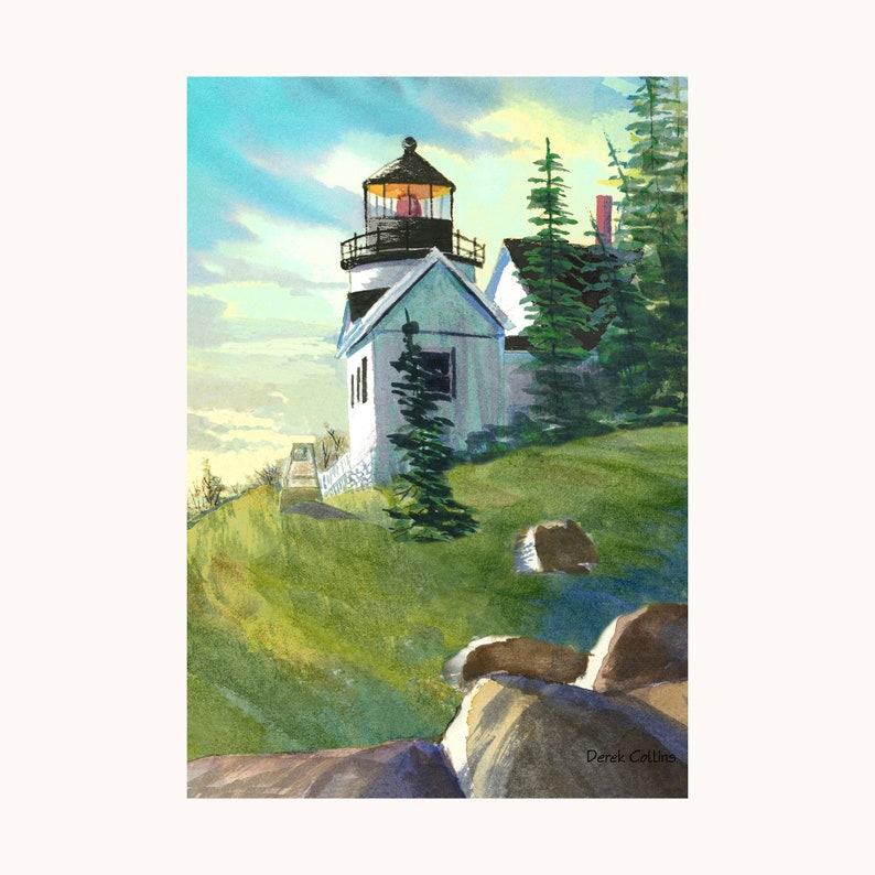Bass Harbor Lighthouse painting PRINT Maine Bar Harbor Acadia Nautical GICLEE reproduction East Coast Derek