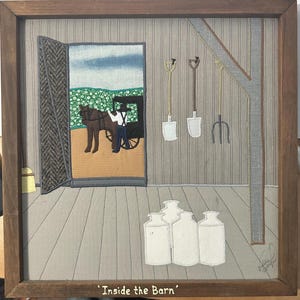Framed Handmade Quilted Artwork – &quot;Inside the Barn&quot; – Country Horse Scene, 1990s Folk Textile Art