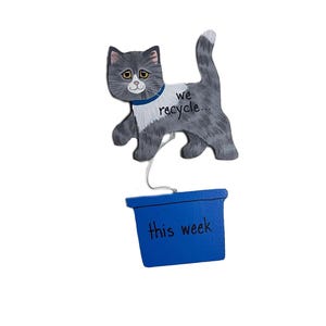 Handcrafted Wooden Grey Cat Recycle Flip Sign Kitchen Fridge Magnet