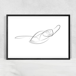 May include: A black and white line drawing of a turtle swimming in the ocean. The drawing is simple and elegant, and it would look great in any home.