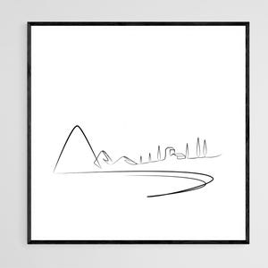 May include: A black and white line drawing of a mountain range, a lake, and a small village with trees. The drawing is simple and minimalist, with a focus on the natural landscape.