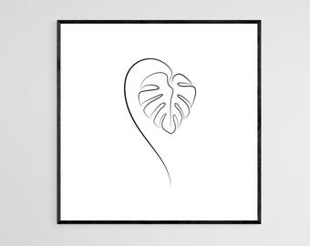 Monstera Leaf One Line Drawing Printable Minimalist Botanical Art