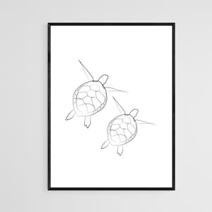 May include: Line art print of two sea turtles swimming, one larger than the other, in a minimalist style.