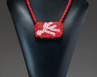 Peyote Stitch Necklace done with red seed beads and white sequins