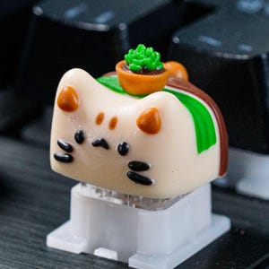 BUY 3 GET 1 Cat With Cactus Cup Keycaps, Cute Cat Keycap, Mechanical Keyboard Keycaps, Lovely Gifts For Girl friend, Gift For Her