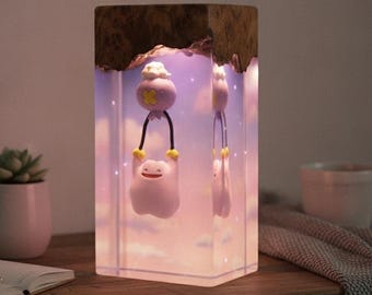 Ditto Drifloon Pok0pia Resin Lamp, Handmade Epoxy Wood Night Light, Gamer Room Decor, Unique Anime Fan Gift, Custom Desk Art