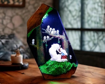 Prinsessan Monon.o.ke Resinlampa – Handgjord LED-nattlampa inspirerad av skogsanden | Fantasy Anime Ghibli-dekor | Anime-stilpresent
