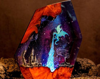 Epic Dragon Breathing Fire Galaxy Resin Art Crystal Diorama | Fantasy Mythical Creature Sculpture | Unique Desk Decor Gift