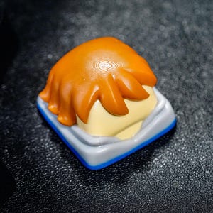 Peut inclure: Un capuchon de touche personnalis&eacute; avec un design brun, orange et blanc. Le capuchon de touche a une base blanche avec une bordure bleue et un design brun, orange et blanc sur le dessus. Le design ressemble aux cheveux d'une personne.