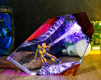 Bumblebee Inspired Resin Lamp – Handmade LED Robot Diorama | Transformer Sci-Fi Mecha Night Light | Geek Gamer Gift | Collectible Robot Lamp