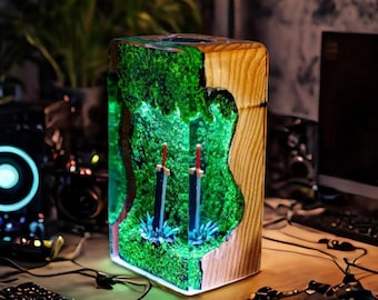 Buster Sword Resin Lamp – Fantasy RPG Sword-In-Stone LED Light | Handmade Gamer Decor | Sword Night Light Gift for Him | Geeky Desk Lamp