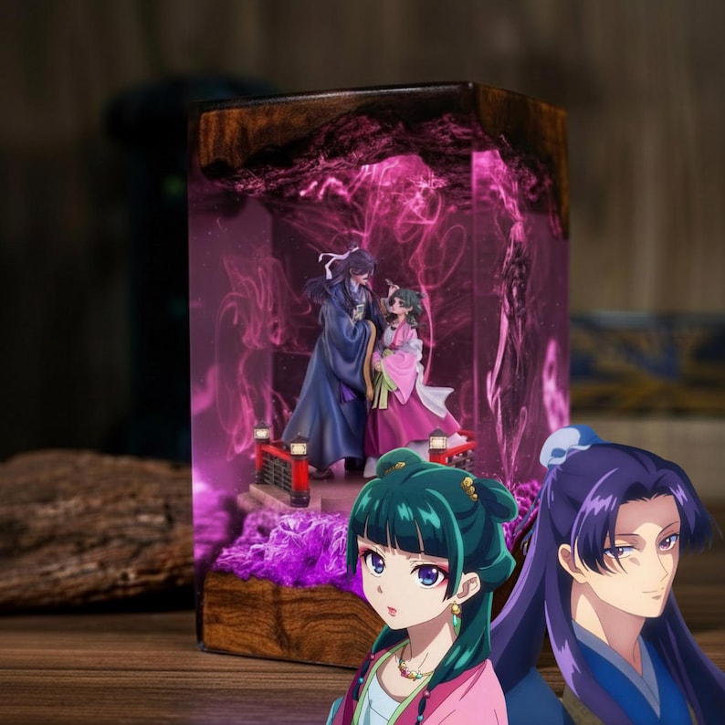 Lámpara de resina inspirada en Mao Mao y Jinshi / Luz de noche artesanal de madera y epoxi / Lámpara de escritorio de pareja de anime / Regalo único para fans