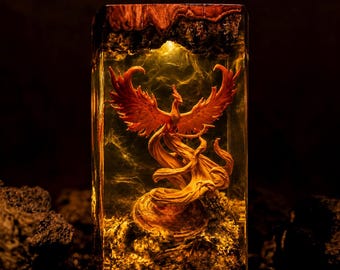 Majestic Phoenix Rising Resin Art Lamp Custom Wood & Epoxy Sculpture Unique Desk Decor Mythical Bird Figurine Handcrafted Spirit Animal Gift