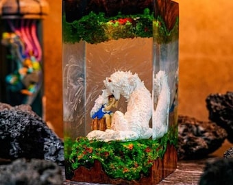 Princess Mononoke Resin Lamp, San and Moro Epoxy Night Light, Fanmade Gh|bli Diorama, Wood Resin Desk Decor, Anime Gift for Her