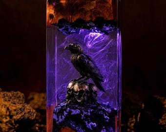 Mystical Raven And Skulls Resin Art LED Lamp | Gothic Home Decor | Unique Wood Epoxy Sculpture | Fantasy Night Light | Dark Academia Gift
