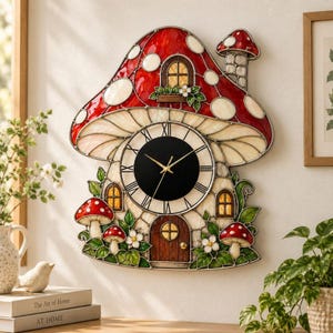May include: A wall clock shaped like a mushroom house with stained glass panels in red, cream, and green. The clock face is circular with black Roman numerals and gold hands. The design includes a small door, windows, and three smaller mushrooms.