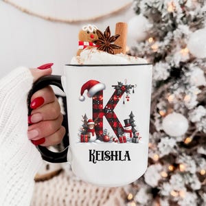 Personalized Plaid Christmas Mug, Custom Family Mugs, Christmas Gift Personalized Hot Chocolate Mug, Monogram Initial Holiday Keepsake Mug