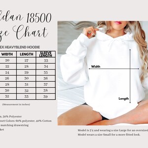 May include: A white unisex heavyblend hoodie with a size chart. The chart shows measurements in inches for sizes S to 4XL. The hoodie is made of 50% cotton and 50% polyester, with a hood and pouch pocket.