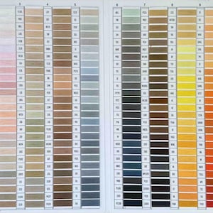 May include: A color chart with 10 columns of thread samples. Each column is labeled with a number from 1 to 10. The thread samples are arranged in rows, with each row containing a different color. The colors range from white to black, with shades of beige, brown, gray, and yellow in between.