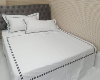 Weiß Baumwollsatin Bettwäsche Set: Hotel Stitch Embroidery