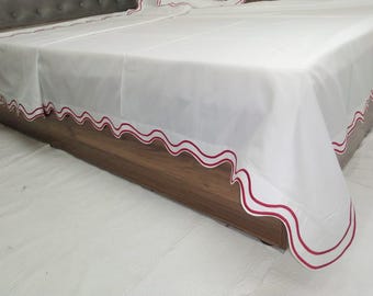 White Cotton Sateen Duvet Cover Set: Hotel Stitch Scalloped Embroidery